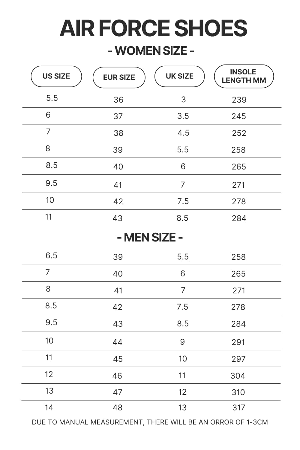 Air Force Shoes Size Chart - Hunter X Hunter Shop