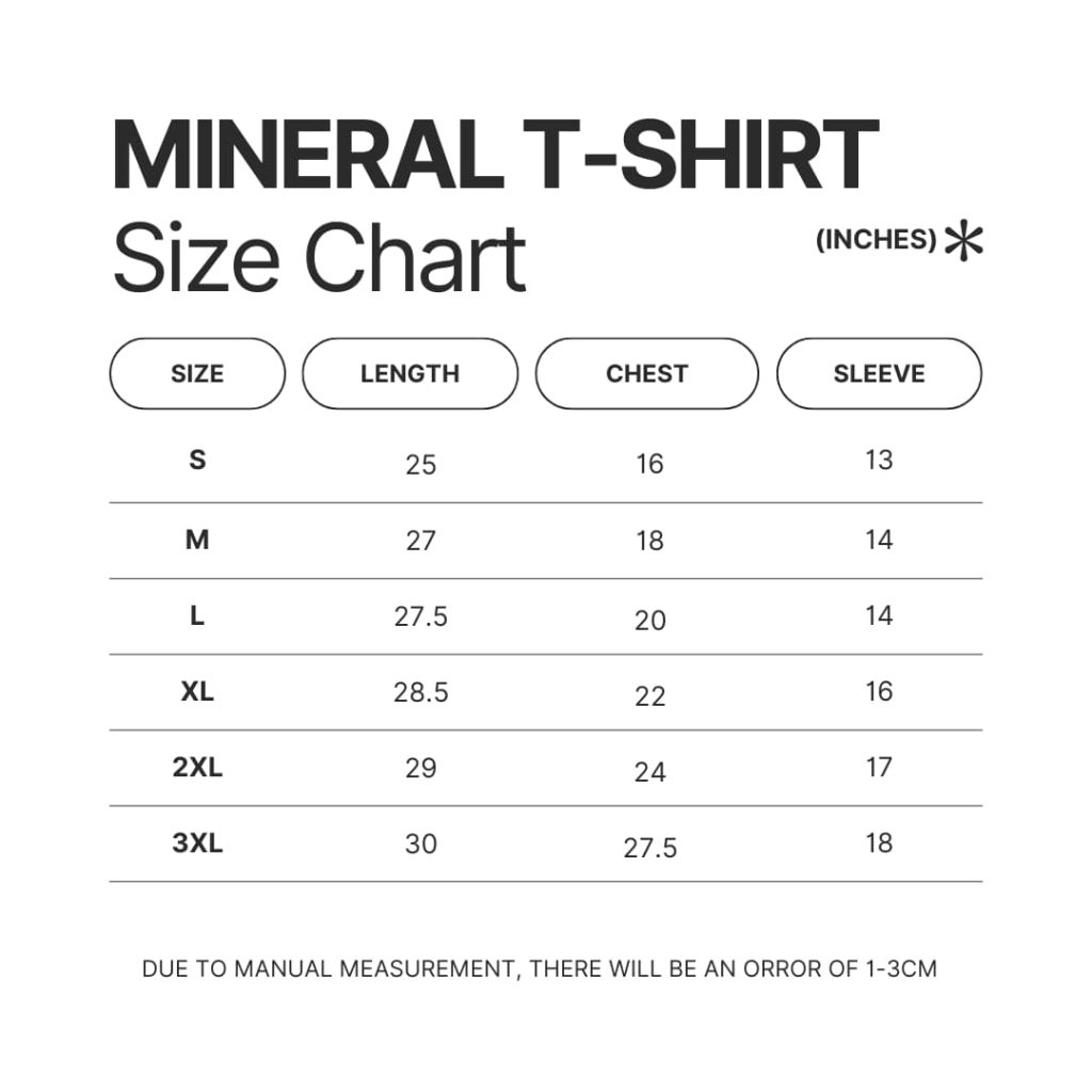 Mineral Wash T shirt Size Chart - Hunter X Hunter Shop