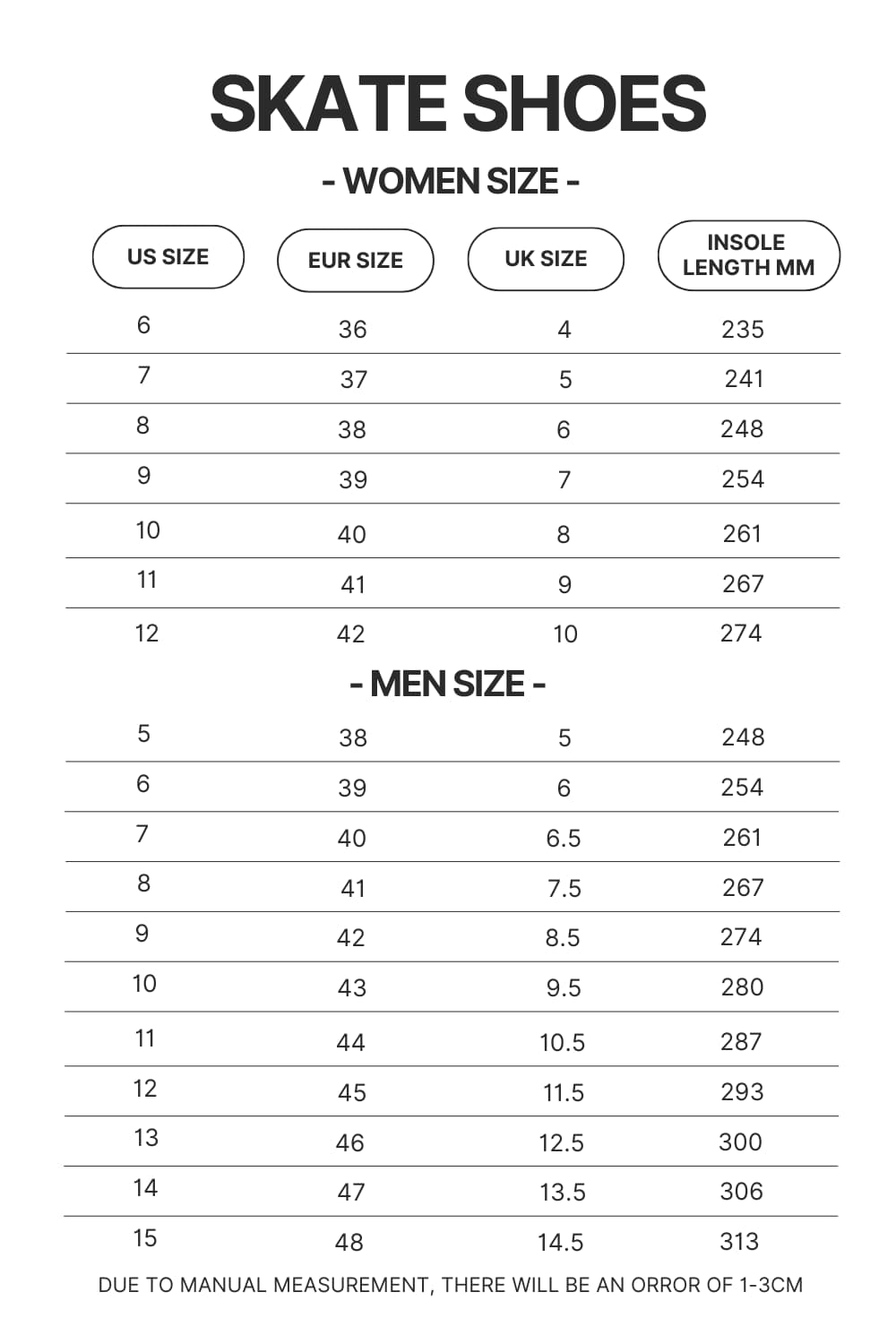 Skate Shoes Size Chart - Hunter X Hunter Shop